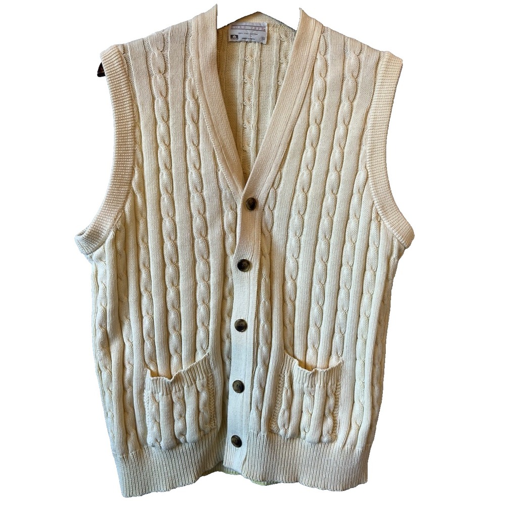 Lord Jeff Cable Knit Sweater Vest Size XL Yellow Button Up Pockets USA Vtg G24